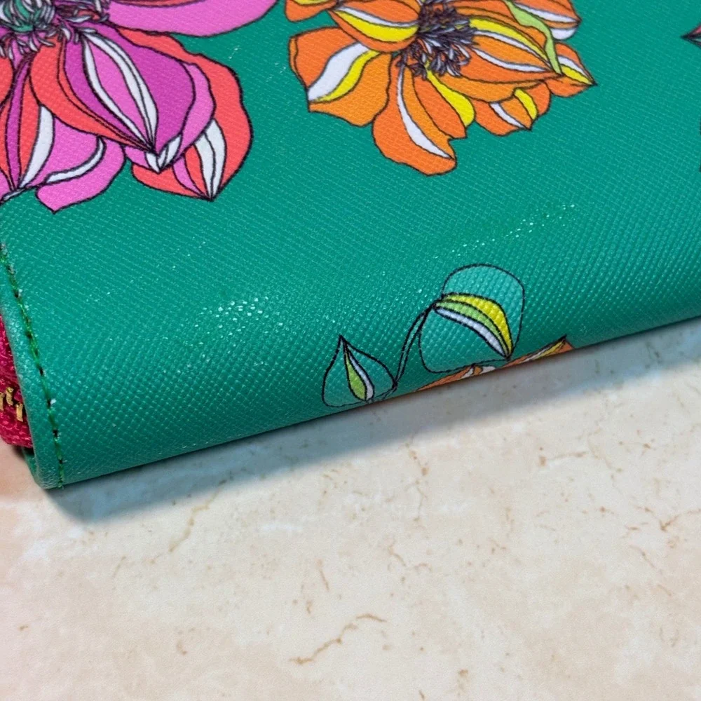 Trina Turk Teal‎ Green Floral Print Zip Around Continental Wallet PVC Colorful
